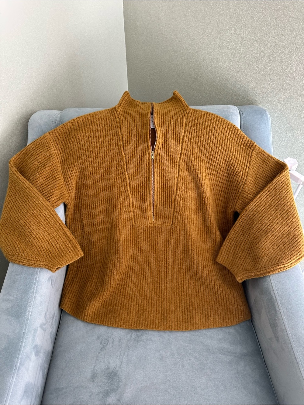 Amazon Essentials Mustard Ribbed Quarter‑Zip Turtleneck Sweater
